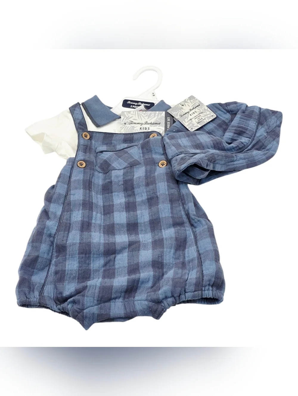 ​Tommy Bahama Kids 2-Pc Set Blue Buffalo Plaid Overalls Romper & Polo Shirt 9M
